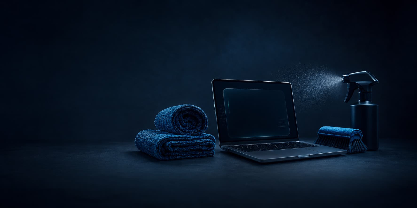 Serviettes de microfibre, brosses et vaporisateur d'entretien disposés autour d'un ordinateur portable ouvert.