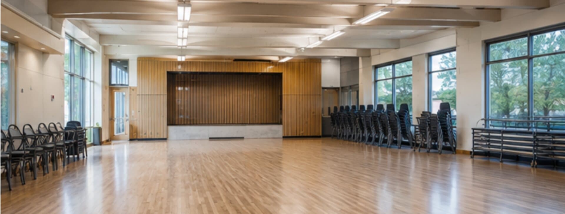 Salle communautaire polyvalente, plancher de bois et chaises empilées le long du mur