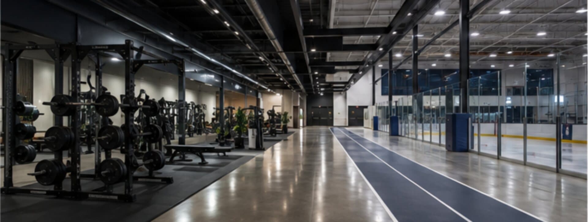 Salle d'entraînement avec appareils de musculation, patinoire visible à l'arrière-plan