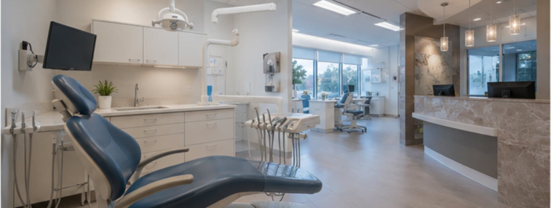 Salle de traitement dentaire avec fauteuil et unité de soins, comptoir d'accueil derrière