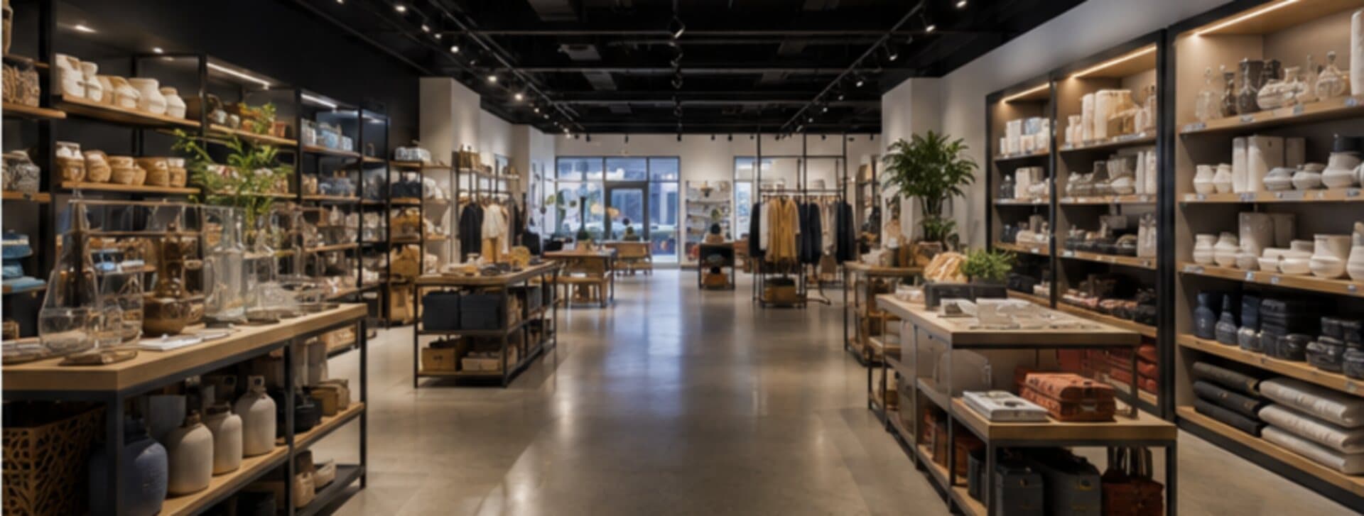 Allée d'un commerce de détail, présentoirs et rayonnages garnis de marchandise