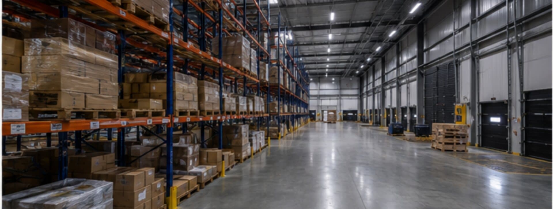 Allée d'entrepôt entre des racks à palettes chargés, jusqu'aux quais du fond