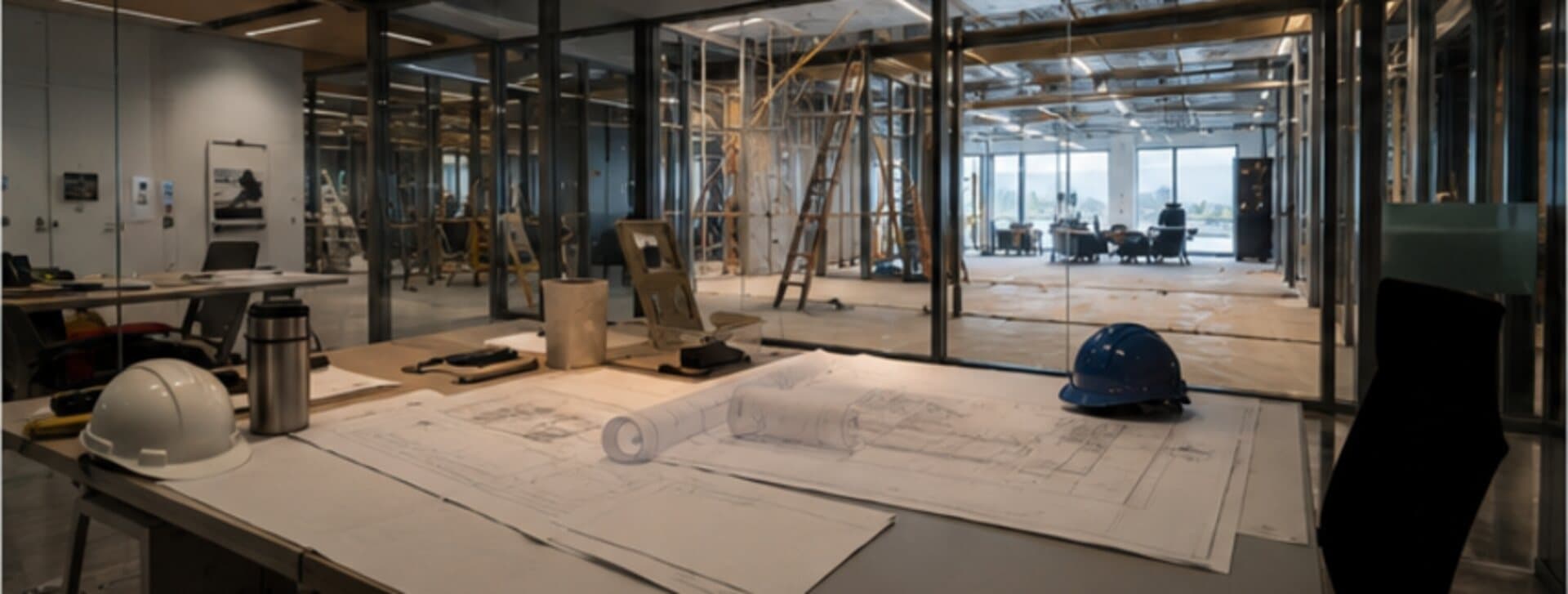 Plateau de bureaux en chantier, cloisons vitrées posées et casque de sécurité au sol