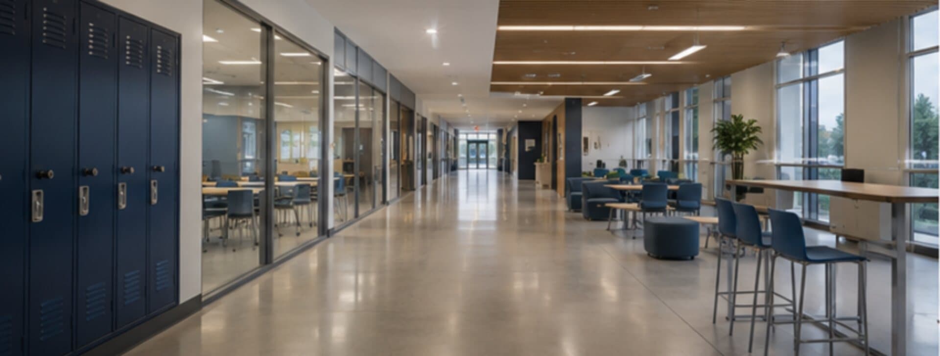 Corridor d'établissement d'enseignement bordé de casiers, aires d'étude vitrées