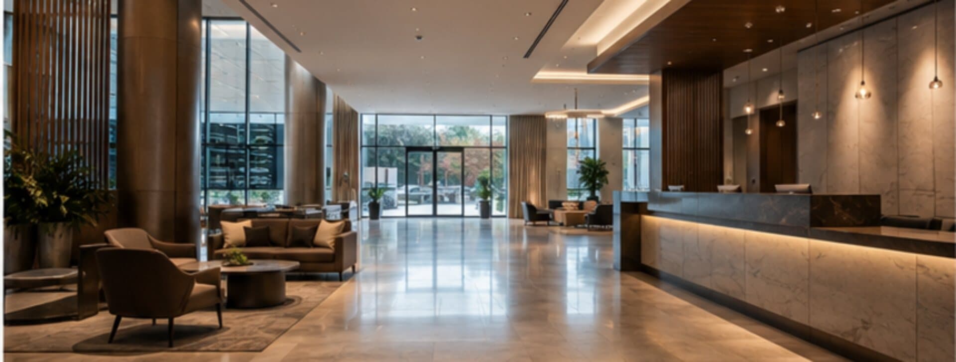 Hall d'hôtel avec comptoir de réception et fauteuils, éclairage tamisé