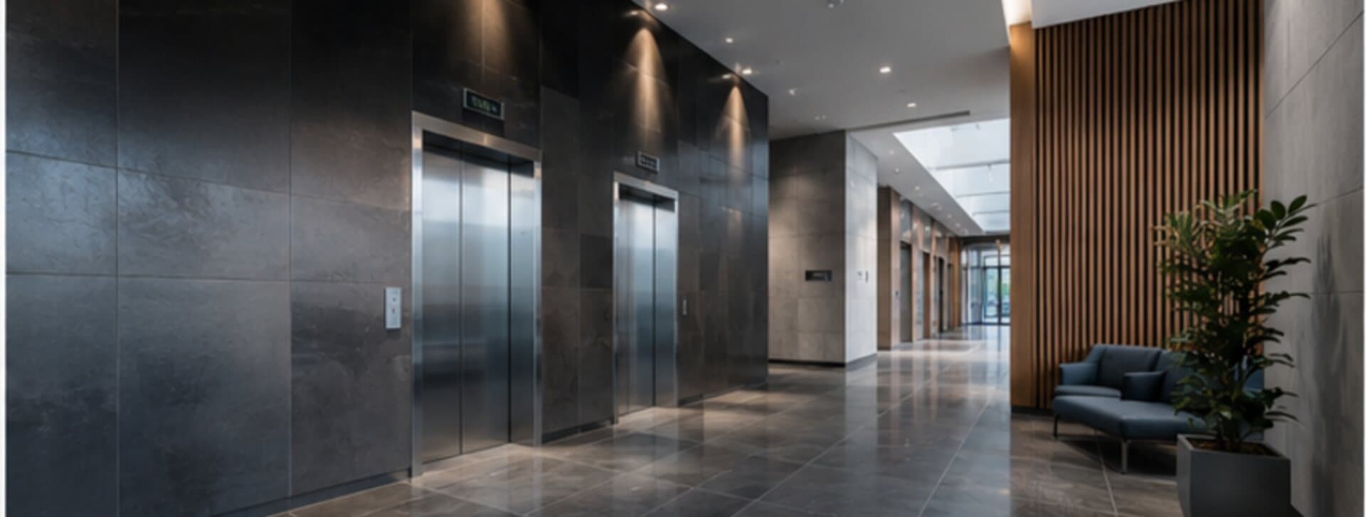 Palier d'ascenseurs dans un immeuble à bureaux, corridor et coin salon à droite