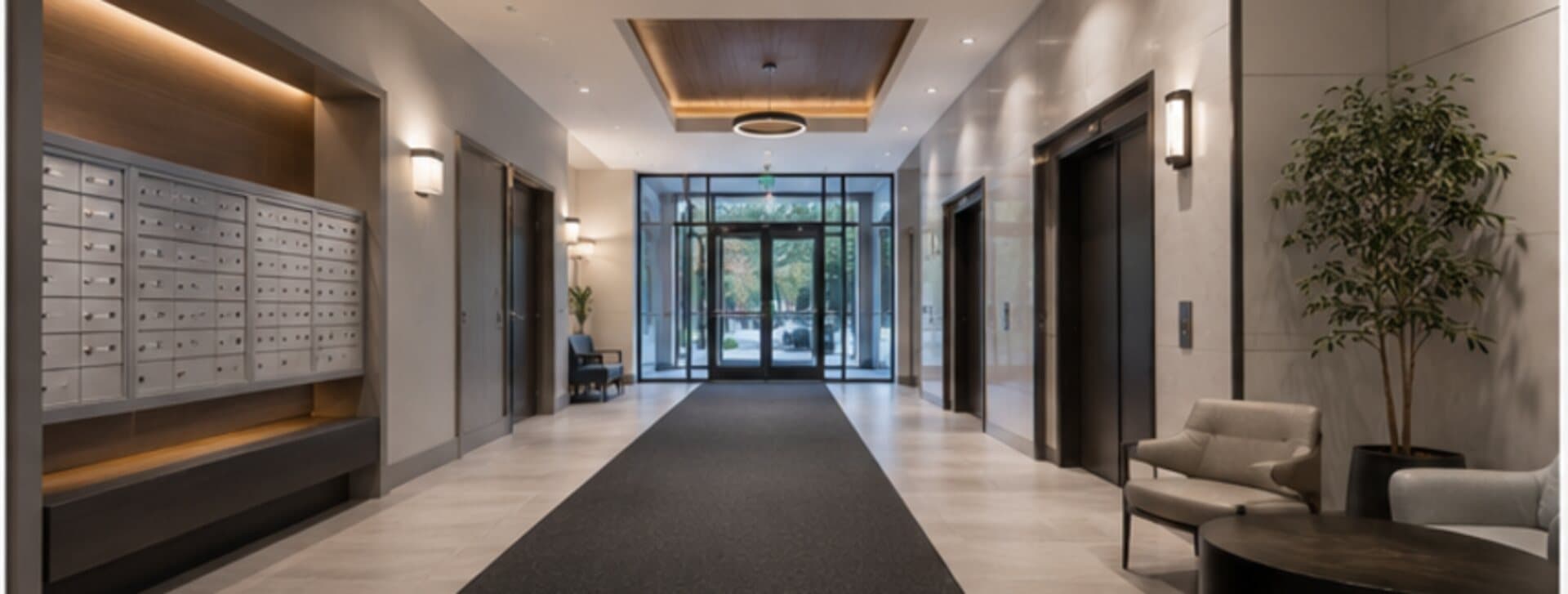 Hall d'immeuble résidentiel avec casiers postaux, entrée vitrée au fond