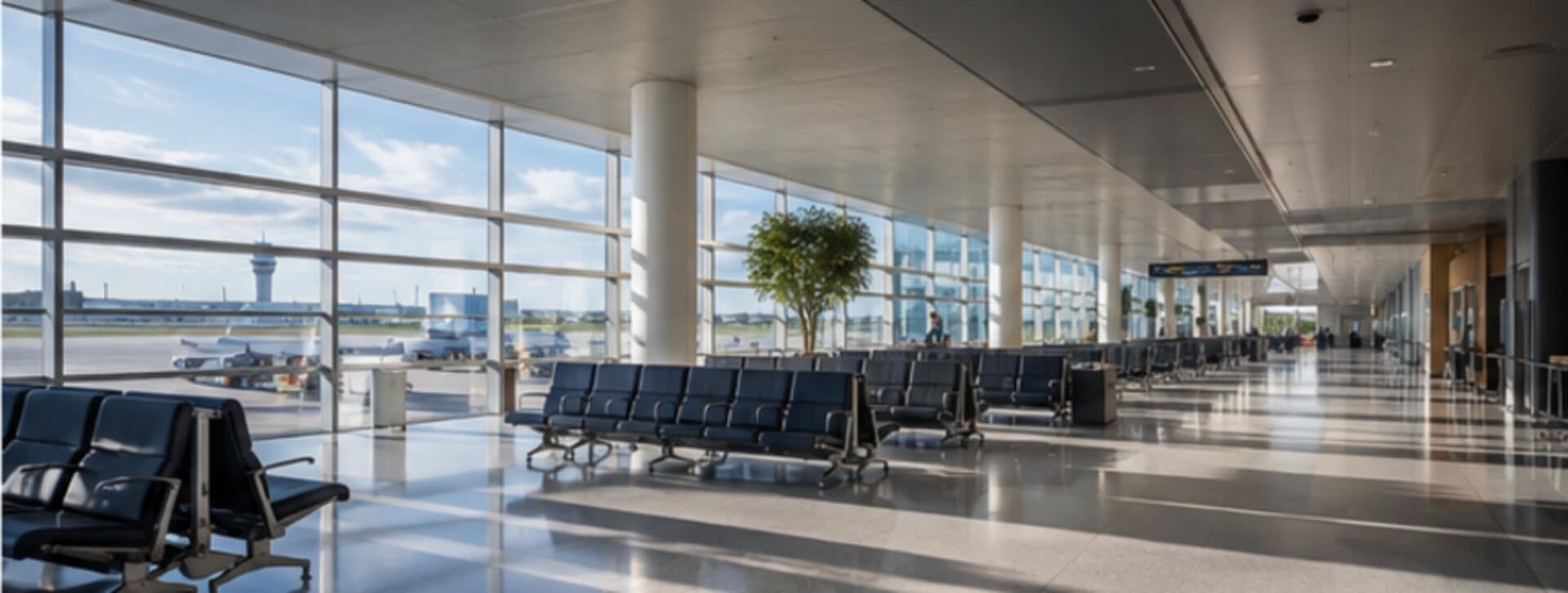 Aire d'attente d'aéroport, sièges alignés devant une baie vitrée donnant sur le tarmac