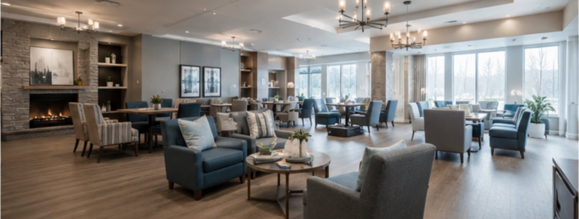Salon commun d'une résidence pour aînés, fauteuils, foyer et aire de repas au fond