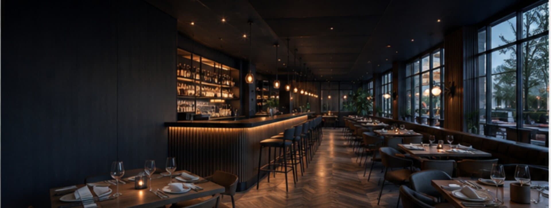 Salle de restaurant avec bar éclairé, tables dressées le long d'une baie vitrée