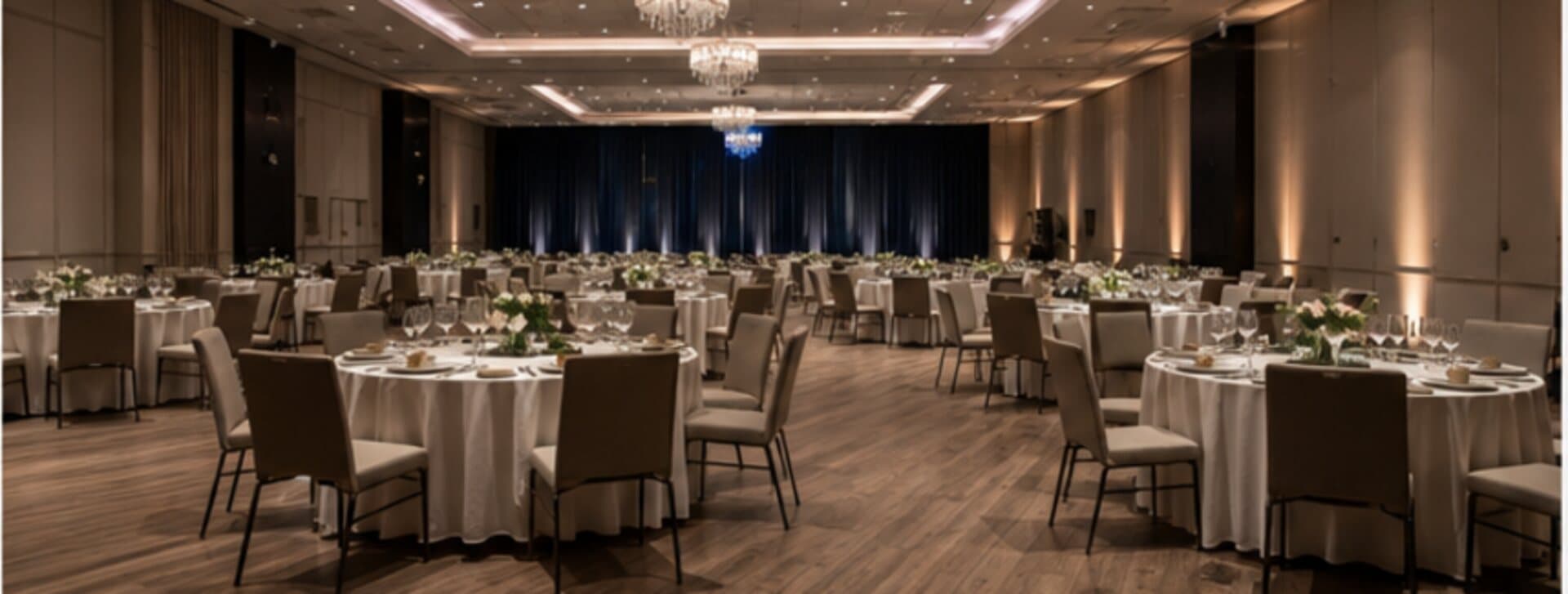 Salle de réception dressée pour un banquet, tables rondes nappées et lustres