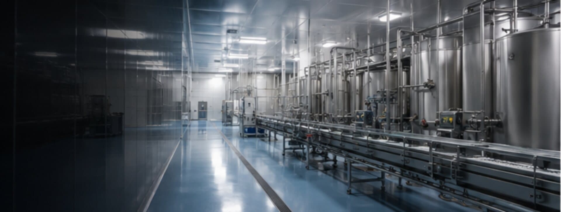 Allée d'une installation agroalimentaire bordée de cuves et de conduits en acier inoxydable