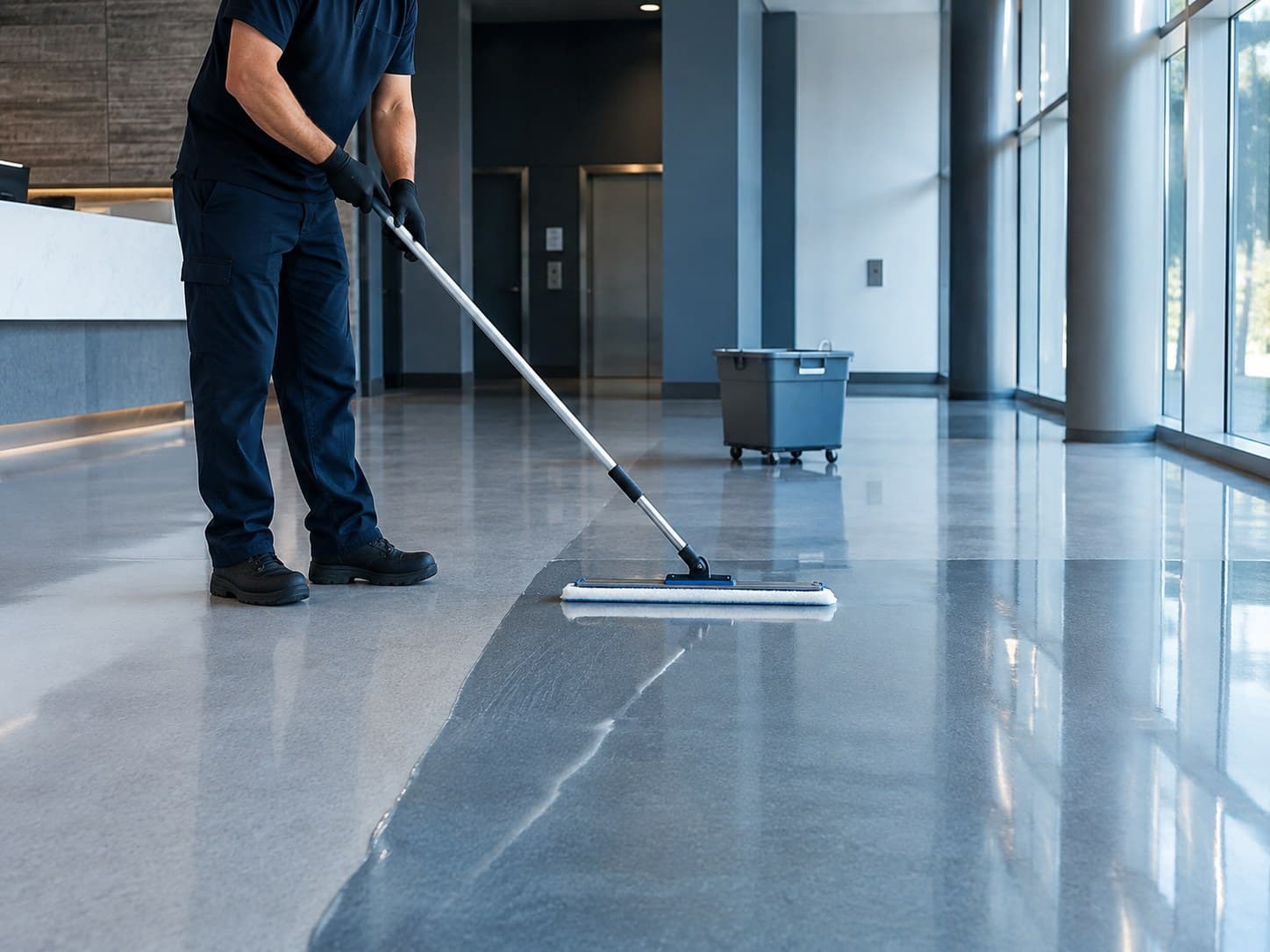Application d'un produit de finition au balai plat sur un plancher de corridor