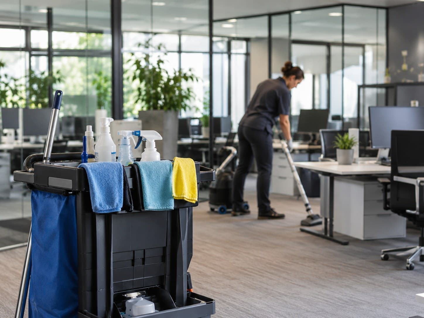 Bureau à aire ouverte avec chariot d'entretien garni au premier plan et aspirateur en cours d'utilisation