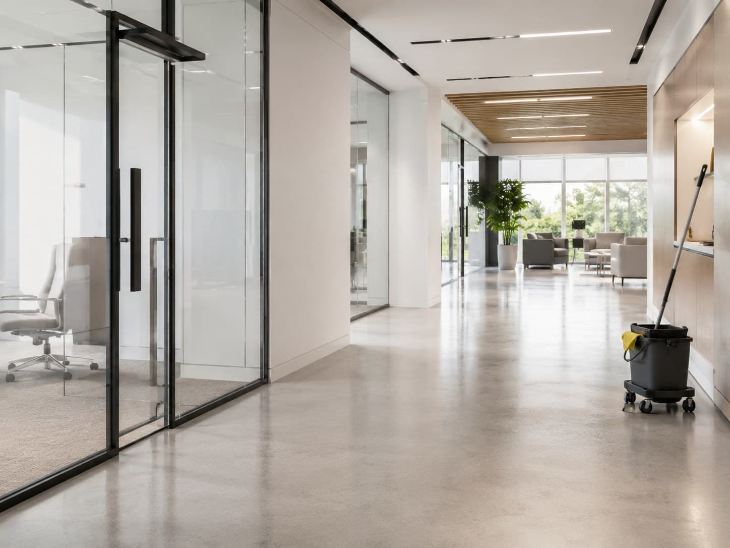 Corridor de bureaux vitré, propre et sans occupants, avec un seau de nettoyage à l'écart