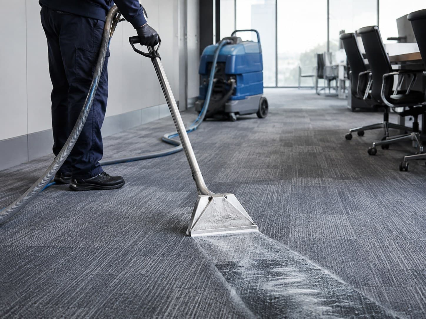 Buse d'injection-extraction passée sur un tapis de bureau, extracteur à l'arrière