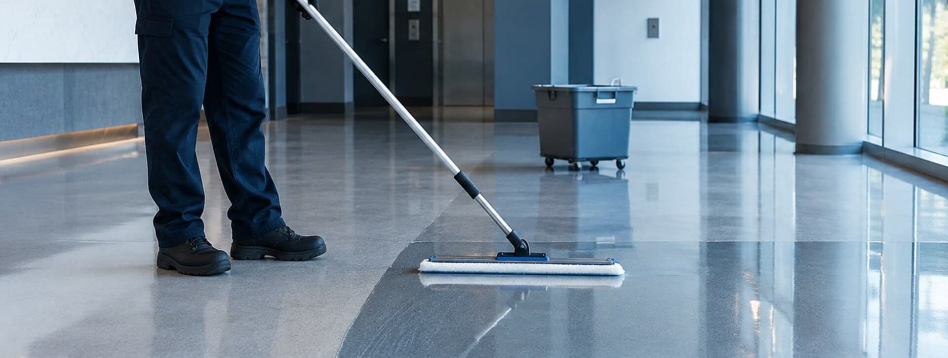 Application d'un produit de finition au balai plat dans un corridor de bureaux