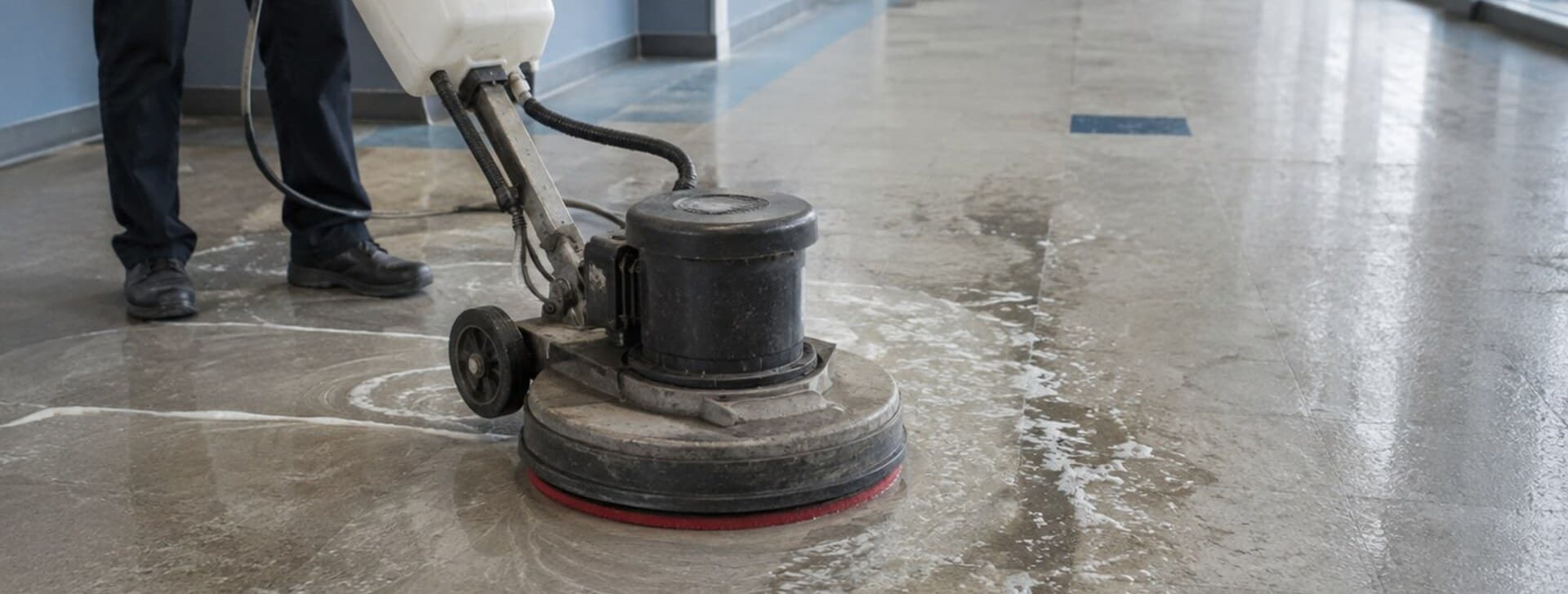 Monobrosse décapant un plancher de béton couvert de produit moussant