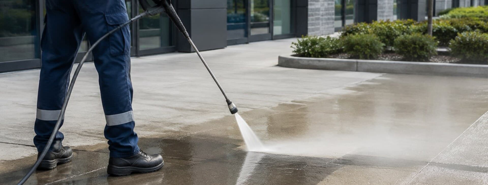 Lavage à pression d'une surface de béton extérieure le long d'un immeuble