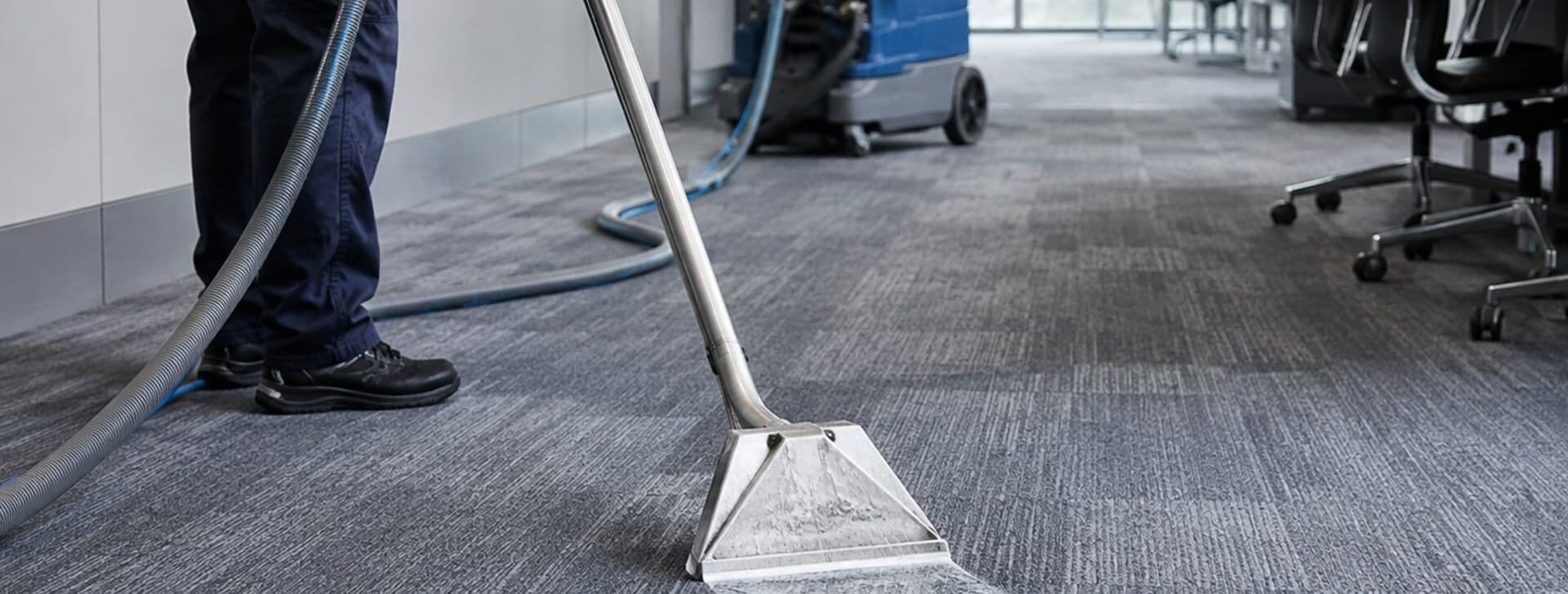 Buse d'injection-extraction passée sur un tapis de bureau, extracteur à l'arrière