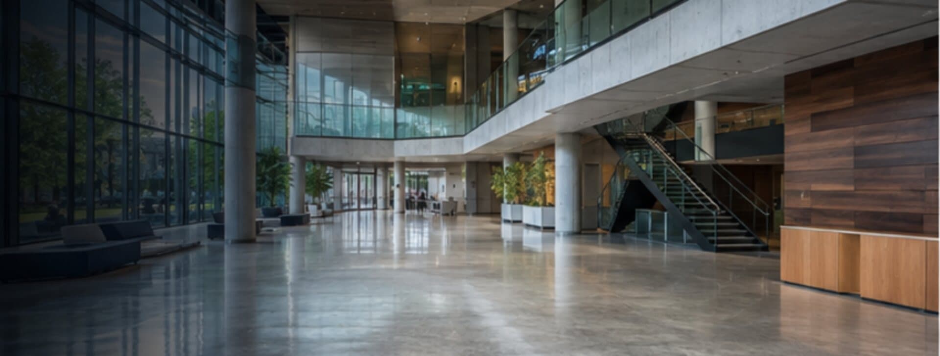 Hall d'un édifice public sur deux niveaux, escalier ouvert et parois vitrées