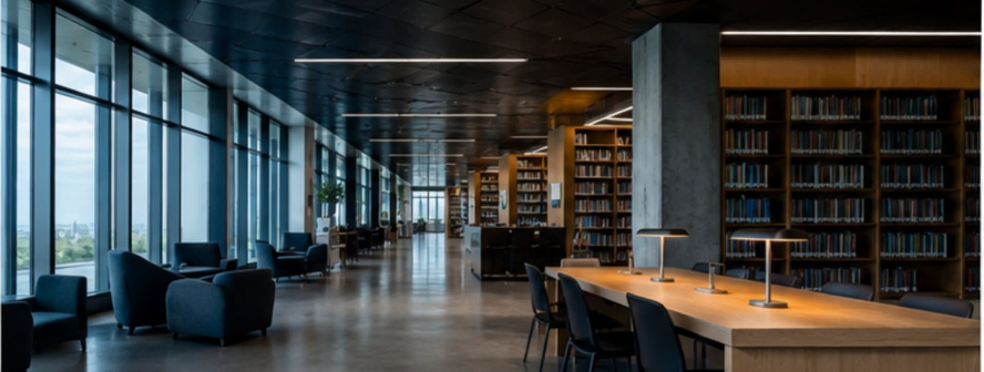 Salle de bibliothèque, rayonnages et tables de lecture le long d'une baie vitrée