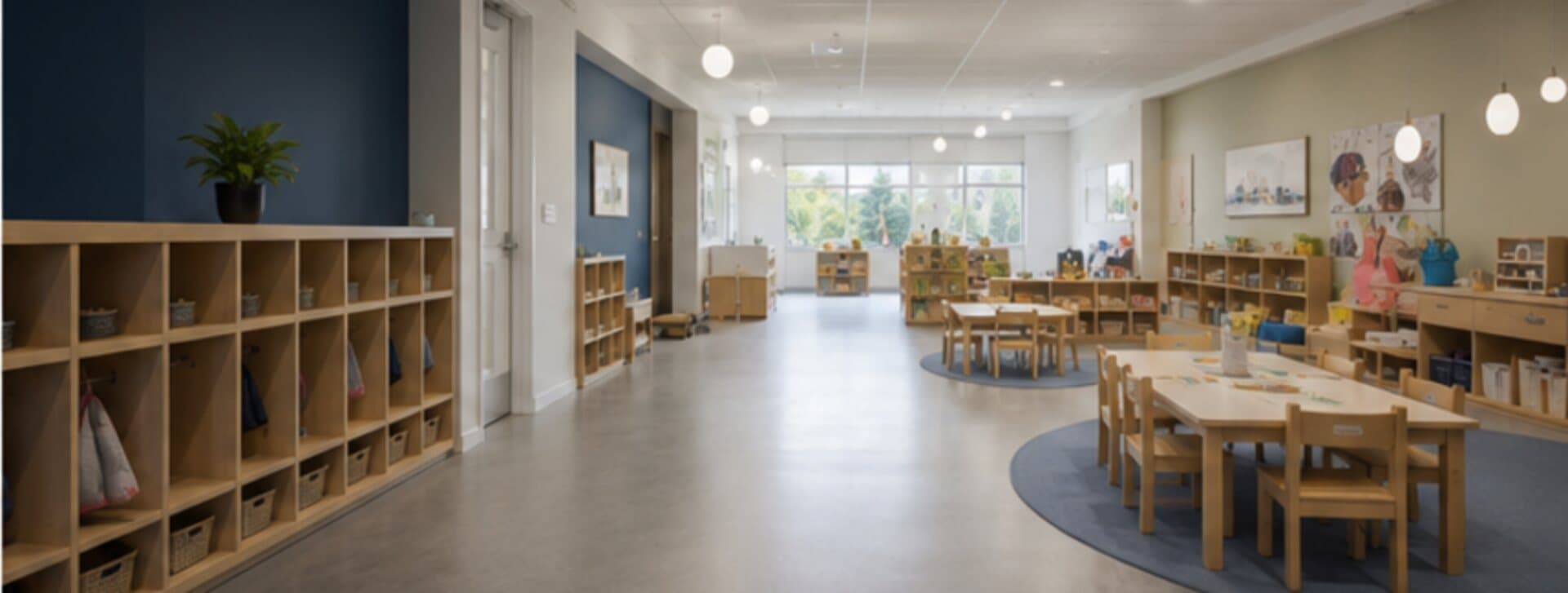 Salle de garderie avec rangements bas, tables d'enfants et tapis rond