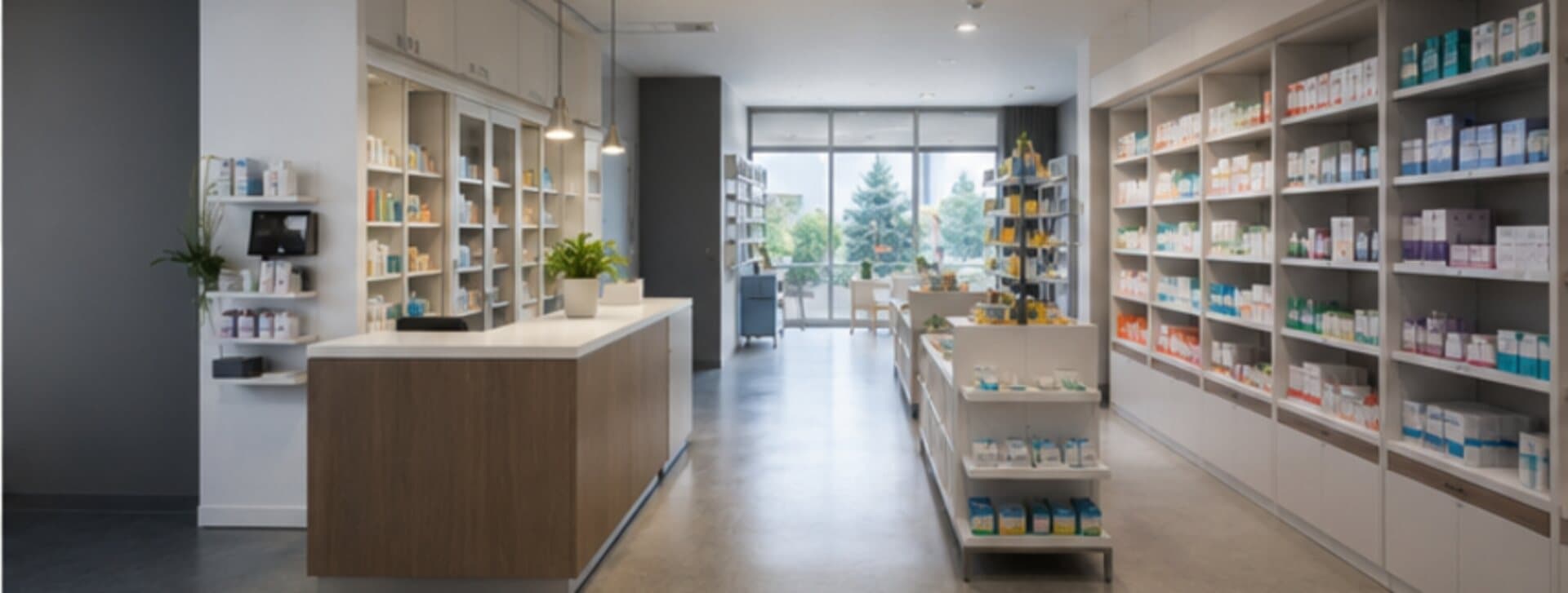 Intérieur de pharmacie, rayonnages de produits et comptoir central