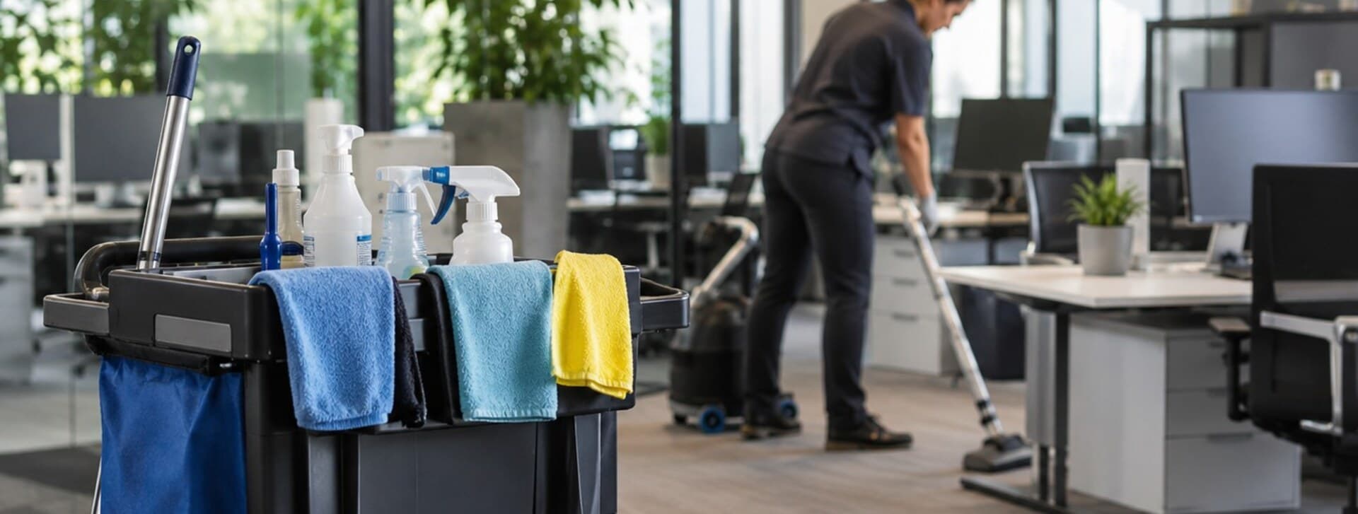 Entretien d'un bureau à aire ouverte, chariot garni au premier plan et aspirateur en cours d'utilisation