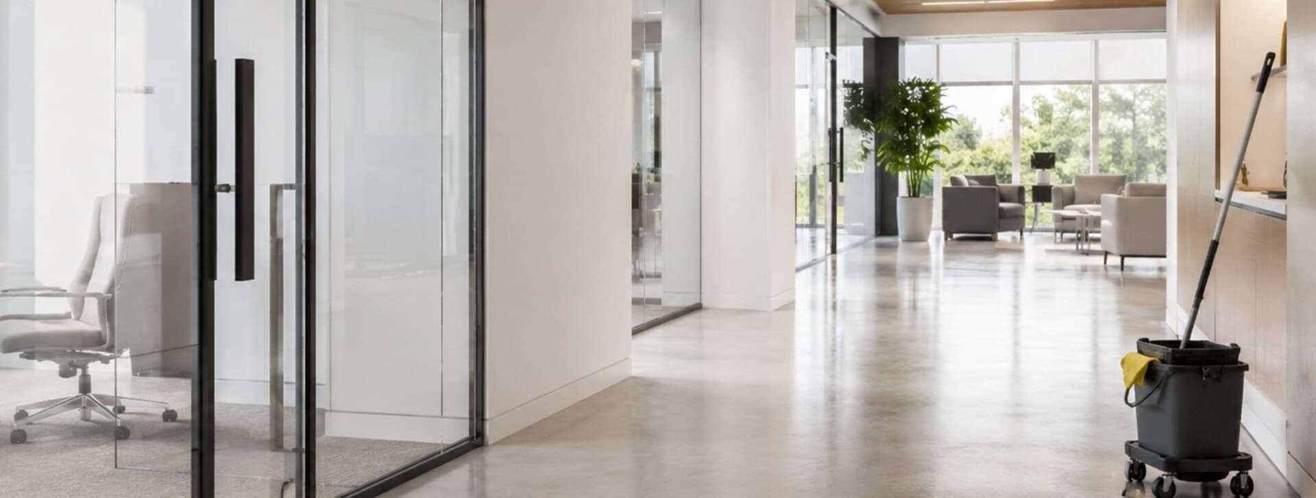 Hall de bureaux vitré, sans occupants, avec un seau de nettoyage et une autolaveuse à l'écart