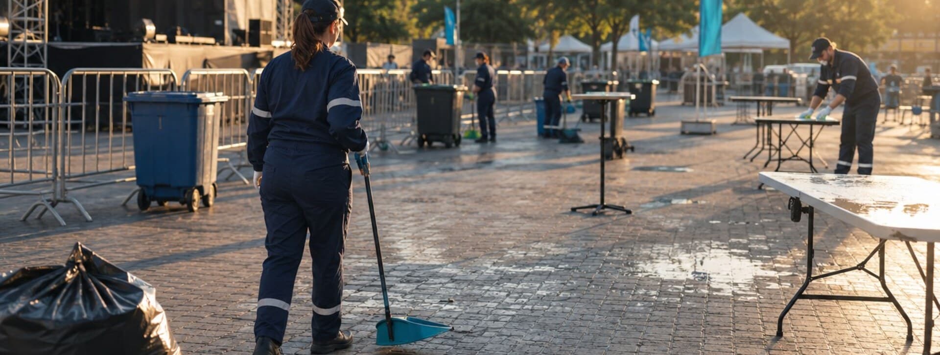 Balayage d'un site événementiel extérieur après la fermeture, sacs de déchets rassemblés